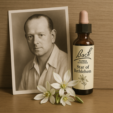 Foto di Edward Bach, fiori e bottiglino di Star of Bethlehem