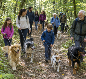 passeggiata nel bosco con amici e cani