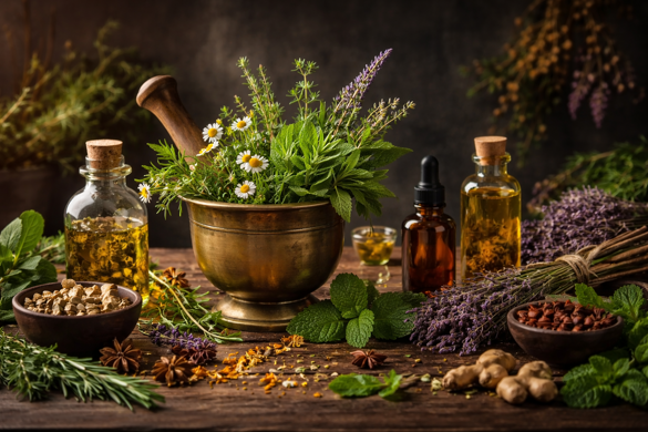 Erbe medicinali fresche con mortaio e oli naturali su sfondo scuro per consulenze di naturopatia a Cagliari