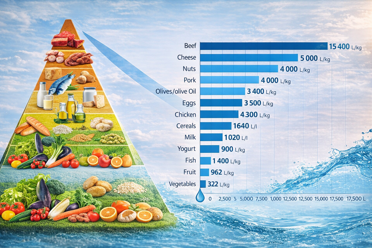 piramide alimentare e impronta idrica degli alimenti con confronto del consumo di acqua necessario per produrre carne, latticini, cereali, frutta e verdura