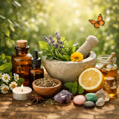 mortaio con erbe officinali e rimedi naturali per il benessere