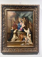 sebastiano-conca-madonna-del-rosario-su-rara-cornice-intagliata-e-intarsiata-di-vetri