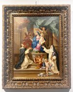 sebastiano-conca-madonna-del-rosario-su-rara-cornice-intagliata-e-intarsiata-di-vetri