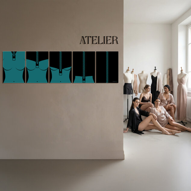 Opera d'arte minimale S.velamento: dettaglio di una zip che chiude la figura in un nero assoluto, colore Pantone 322 U