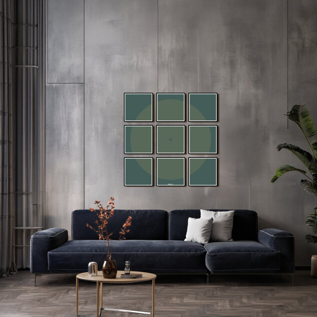 Installazione modulare 30x30cm x 9 pz 100x100 totale: composizione geometrica vettoriale su pantone 672U