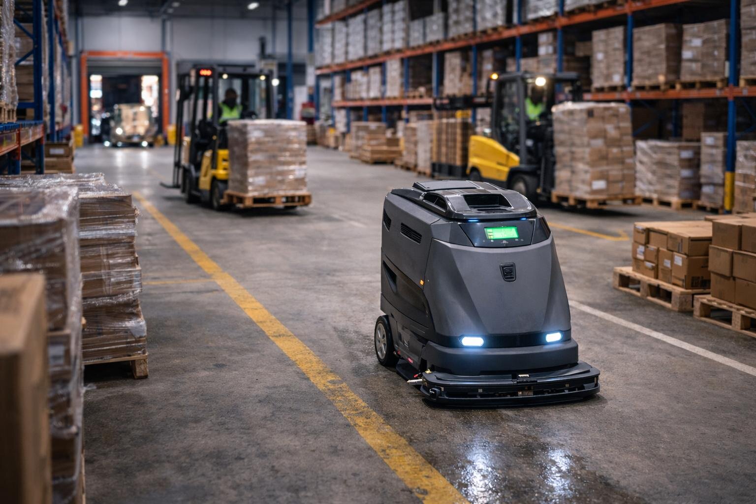Robot pulizia industriale in logistica: come gestire ostacoli dinamici e traffico muletti