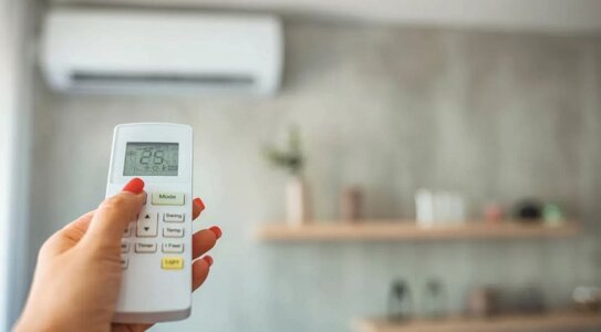 Una mano tiene il telecomando di un condizionatore in una stanza