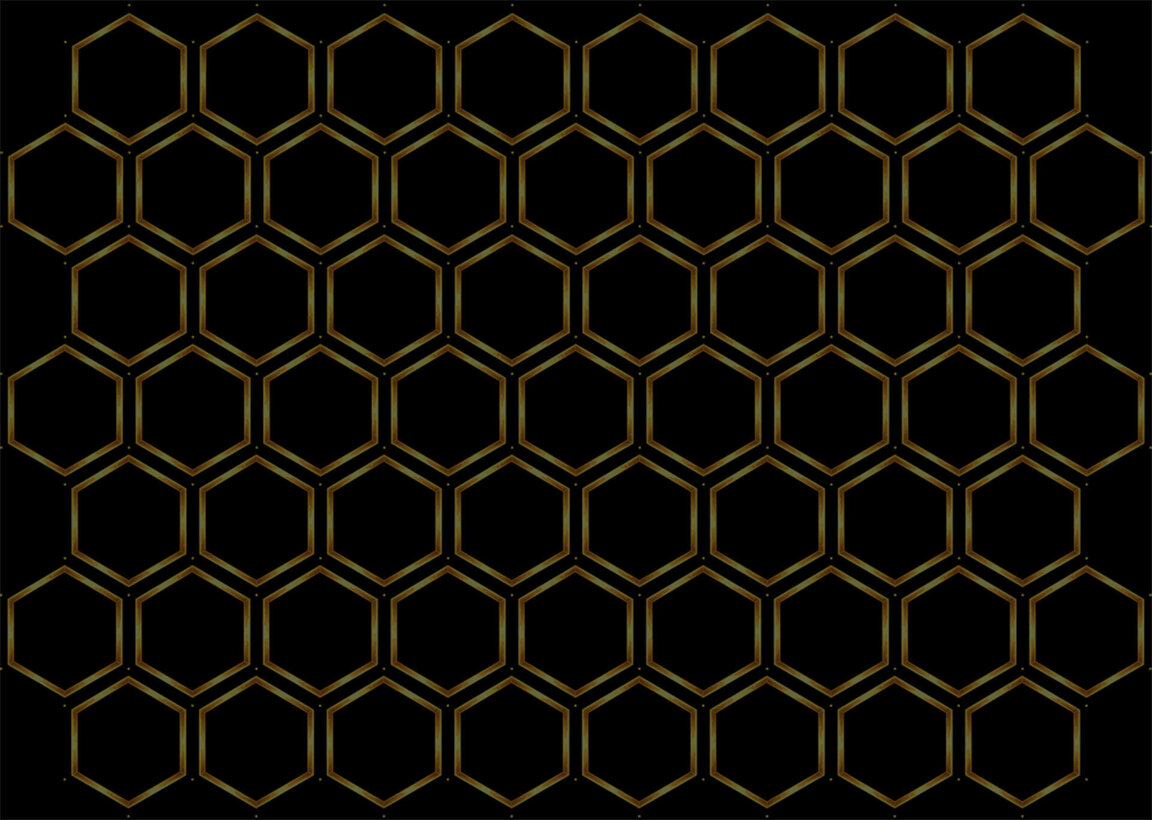 Sfondo grafico premium Apixagon composto da un pattern di esagoni dorati su fondo nero profondo.