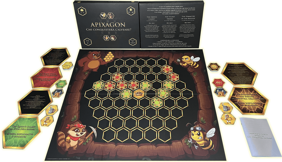 Visione d'insieme del prototipo di Apixagon: scatola di lusso, tabellone esagonale con carte e casella reale occupata, manuale di gioco aperto e materiali premium.