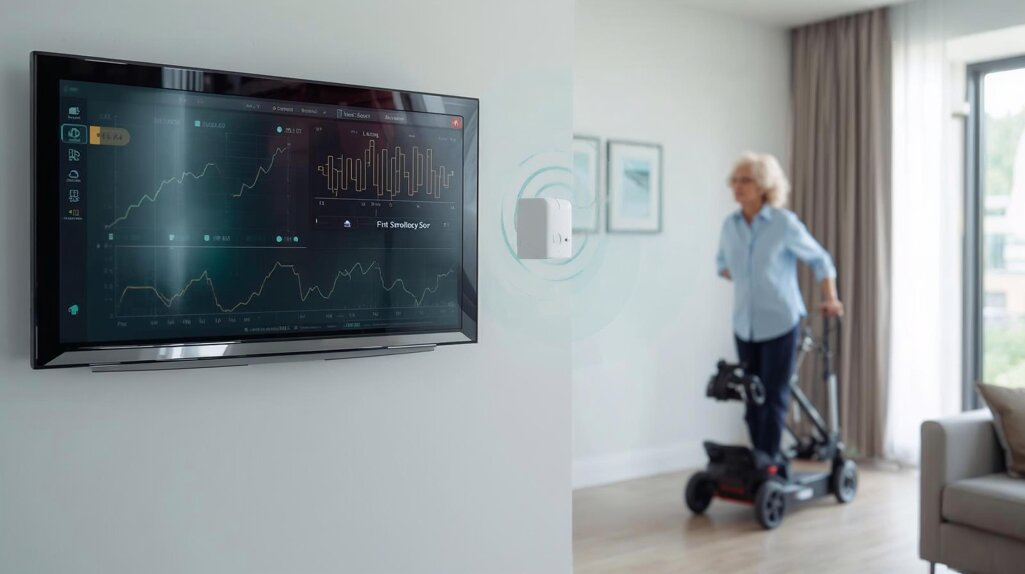 ambiente salotto moderno inserire modulo sensore radar lidar per monitoraggio persona anziana cammina con aiuto di ausilio monitorata dal sensore radar aggiungi monitor a muro.jpeg