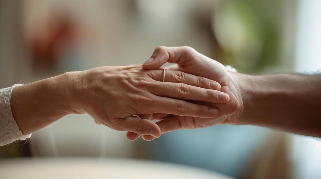 una foto di due mani che si stringono sfiorandosi amorevolmente una mano di donna anziana italiana e una mano di uomo italiano 50 anni con sullo sfondo un ambiente domestico sfocato ma luminoso.jpeg