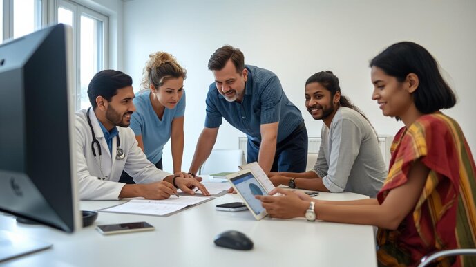 crea immagine di un team multidisciplinare italiani che comprenda un medico, un fisioterapista, un tecnico r&s, un familiare, un assistente badante sri lankese, in riunione a valutazione di dati raccolti ambie (1).jpeg