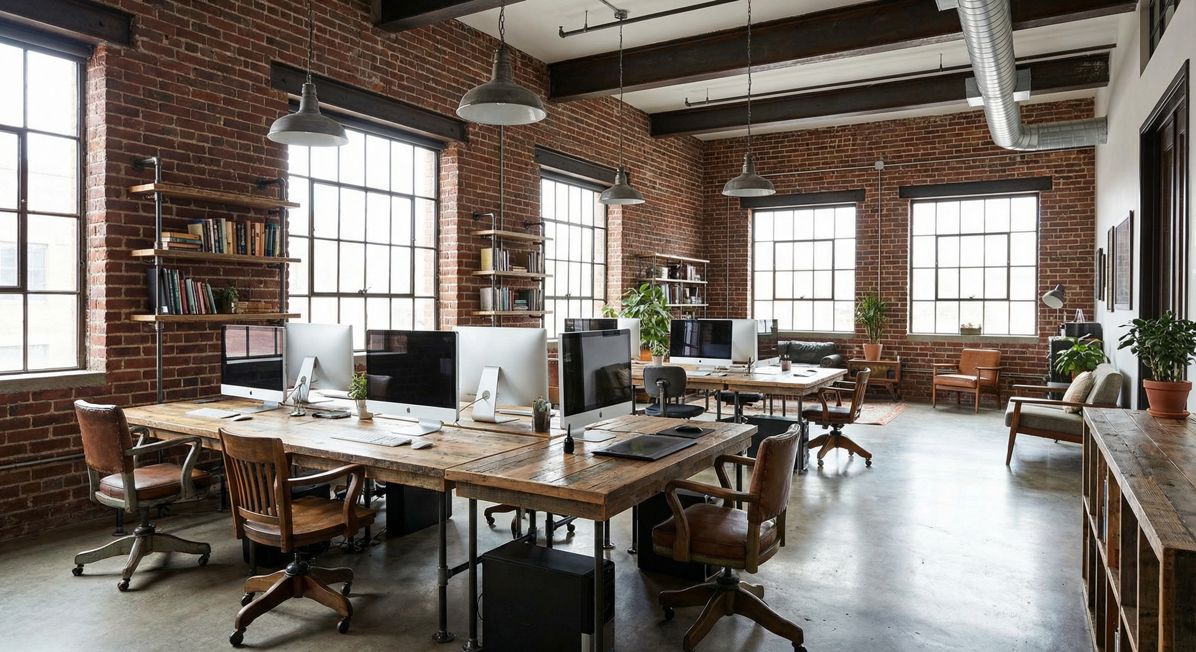 firefly_geminiflash_ufficio creativo , stile industrial, pareti in mattoncini marroni rossi, postazioni c 695197-3