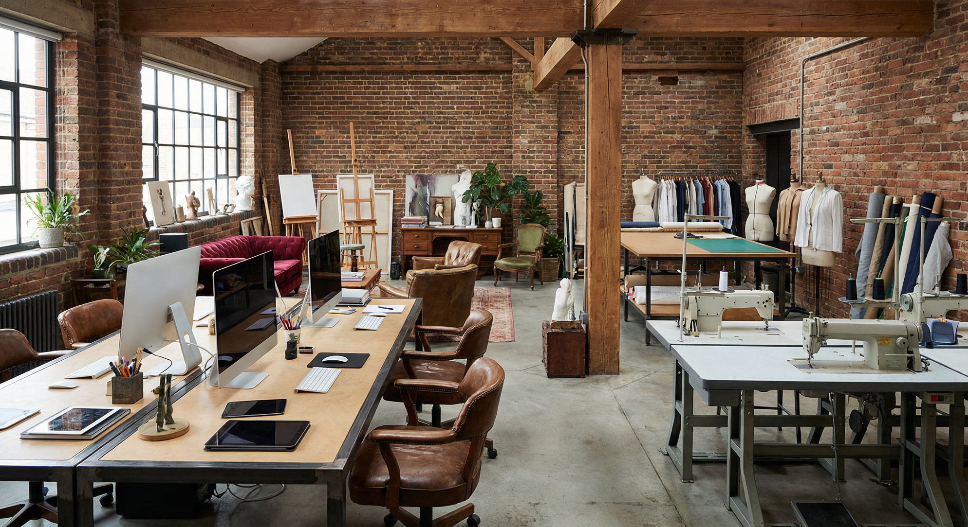 firefly_geminiflash_ufficio creativo , stile industrial, pareti in mattoncini marroni rossi, postazioni c 695197 copia