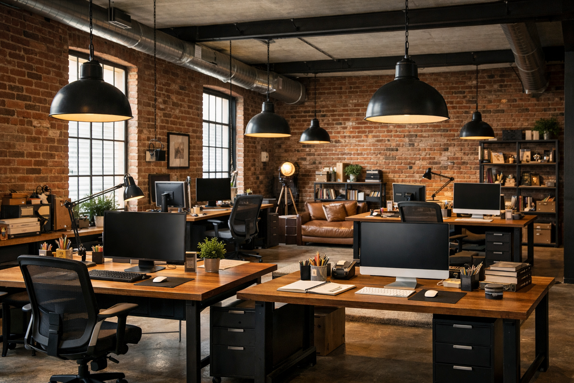 firefly_gpt-image_ufficio creativo , stile industrial, pareti in mattoncini marroni rossi, postazioni c 695197