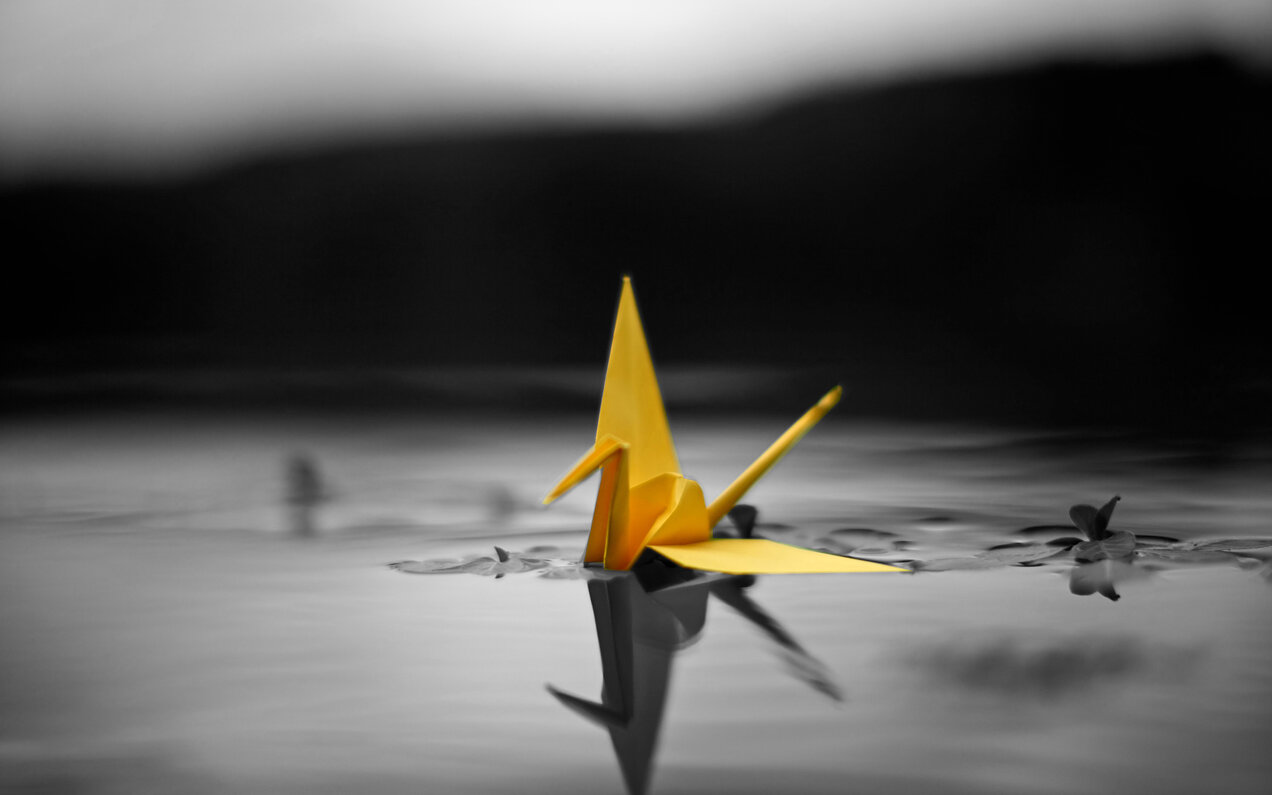 Gru origami che galleggia in acqua
