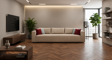 soggiorno moderno con divano beige e piante