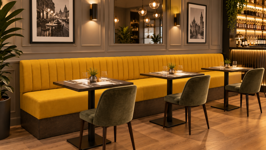 interno moderno con banquette gialla e bar illuminato
