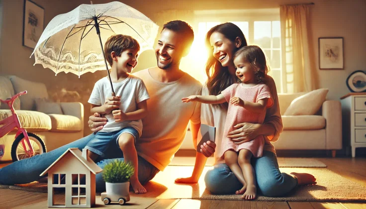 dall·e 2025-03-13 15.25.31 - una fotografia realistica in formato orizzontale che rappresenta una famiglia felice. un padre, una madre e due figli (un bambino e una bambina) stann