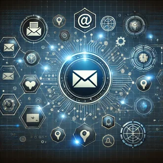 dall·e 2025-03-13 13.08.15 - un'illustrazione digitale high-tech che rappresenta l'interconnettività e la comunicazione aziendale. un'icona centrale di un'email è collegata a una 