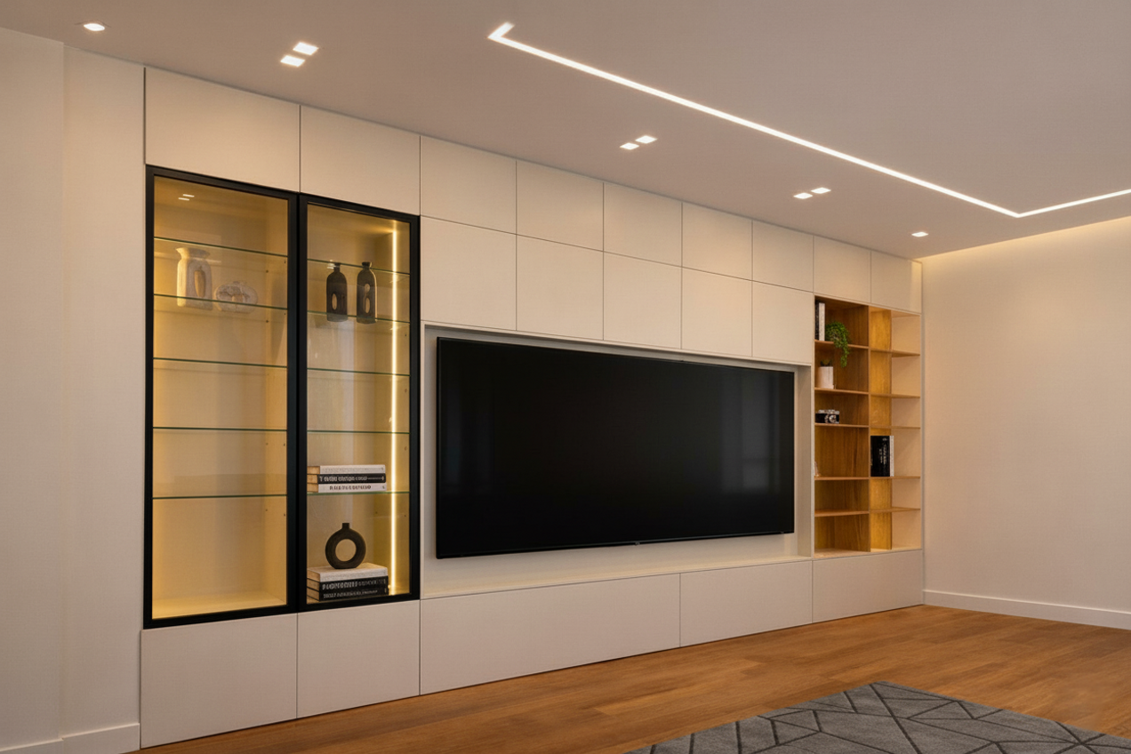 Mobile a tutta parete su misura per salotto o corridoio in legno con vetro e luci LED, design moderno ed elegante