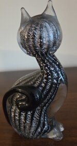 gatto-vetro-murano-nero-argento-scultura-sommerso-foglia-argento-anni-80