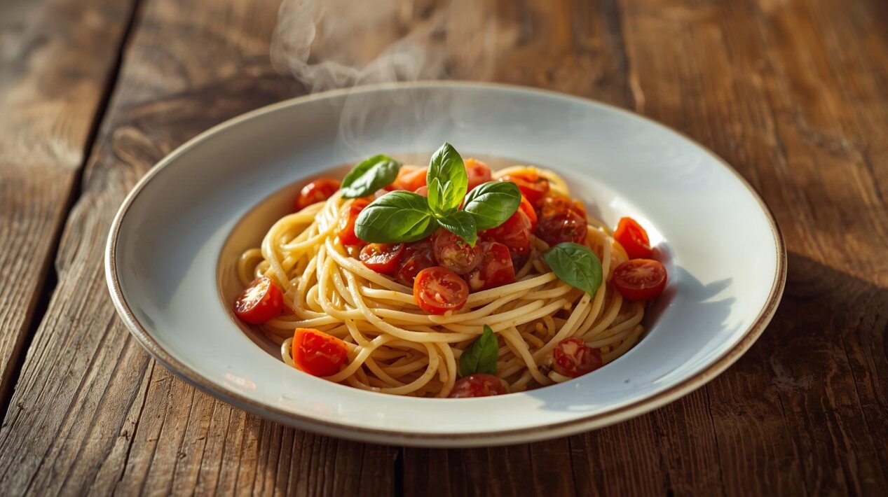 crea un'immagine di un delizioso piatto di spaghetti con pomodorini e basilico. il piatto deve essere un piatto rusitco di colore bianco, poggiato su un tavolo in legno illuminato dalla luce. vista frontale, altezz.jpeg