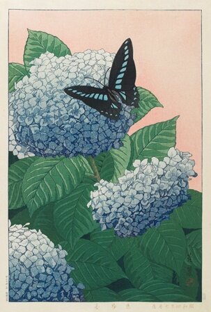 Arte - 'Ajisai e la farfalla' xilografia di I. Taisui 