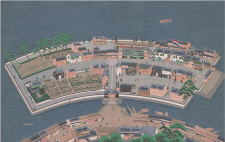 Veduta della base di Dejima. dipinto su seta di K. Keiga