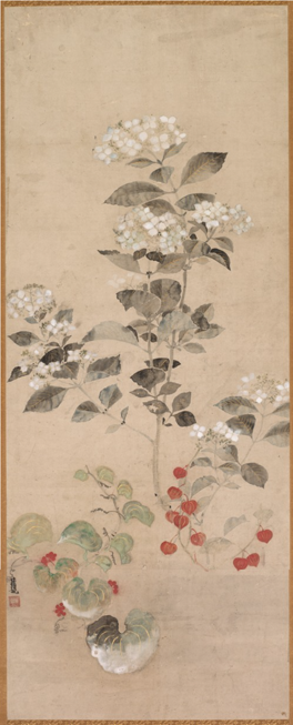 Arte- 'Fiori estivi' pannello dipinto su seta di K. Sosetsu