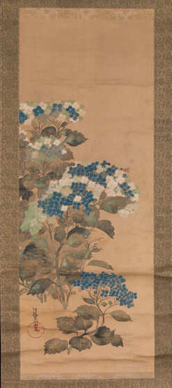 Pannello in seta e colore con ortensie, di O.Korin