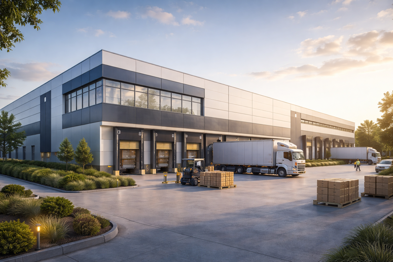 magazzino industriale al tramonto