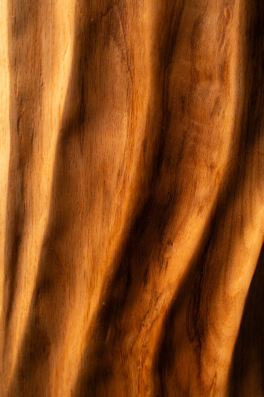 Dettaglio di opera scultorea in legno con superfici fluide e lavorazione artigianale