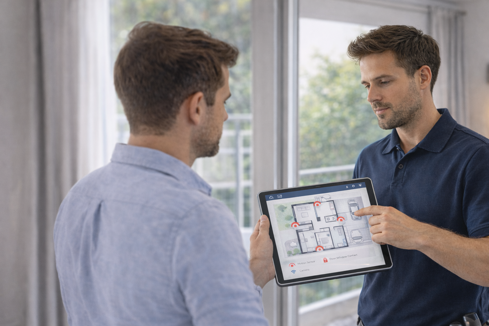 tecnico e proprietario discutono sistema di sicurezza