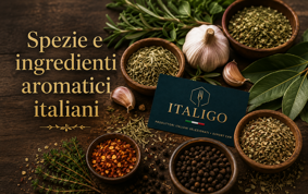 Selezione di spezie, erbe aromatiche e ingredienti tipici italiani per il mercato internazionale