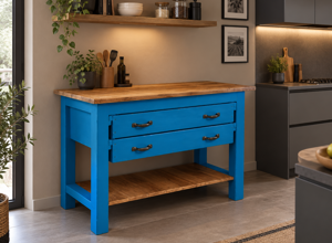Bancone da lavoro vintage restaurato in blu con cassetti e ripiano inferiore in un soggiorno moderno Bancone da lavoro vintage restaurato in blu con cassetti e ripiano inferiore in un soggiorno moderno