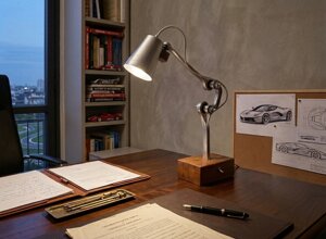 Lampada da tavolo IDUA in alluminio su scrivania studio automotive Remade in Franciacorta