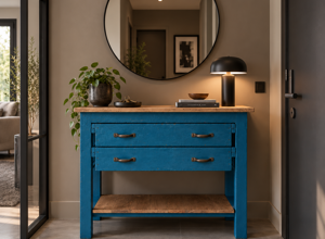 Bancone vintage restaurato in blu con cassetti d'epoca e ripiano inferiore in legno di larice in un ingresso Bancone vintage restaurato in blu con cassetti d'epoca e ripiano inferiore in legno di larice in un ingresso