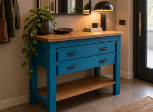 Vecchi banco da lavoro vintage restaurato in blu con cassetti d'epoca e ripiano inferiore in legno di larice Vecchi banco da lavoro vintage restaurato in blu con cassetti d'epoca e ripiano inferiore in legno di larice