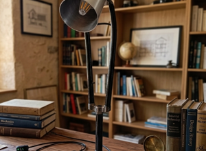 Lampada industriale di design upcycling da tavolo creata con forcella di bicicletta vintage nera e base in ferro a U