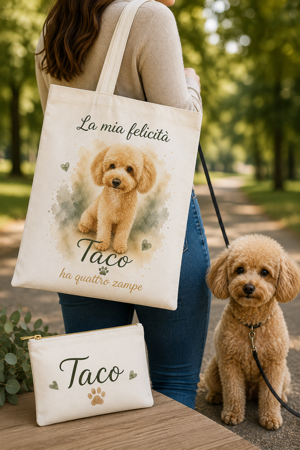 Set tote bag e pochette personalizzate con foto del cane trasformata in acquerello