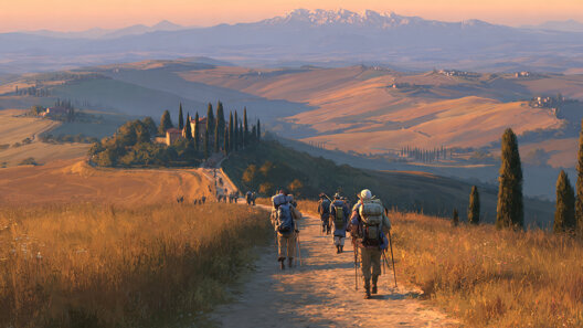 pellegrini in cammino su la via francigena verso san gimignano