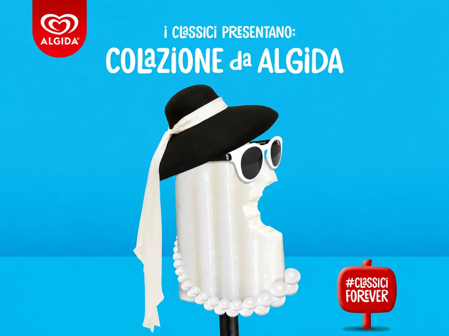 Gelato Liuk Algida con occhiali Saraghina e look Colazione da Algida su sfondo azzurro