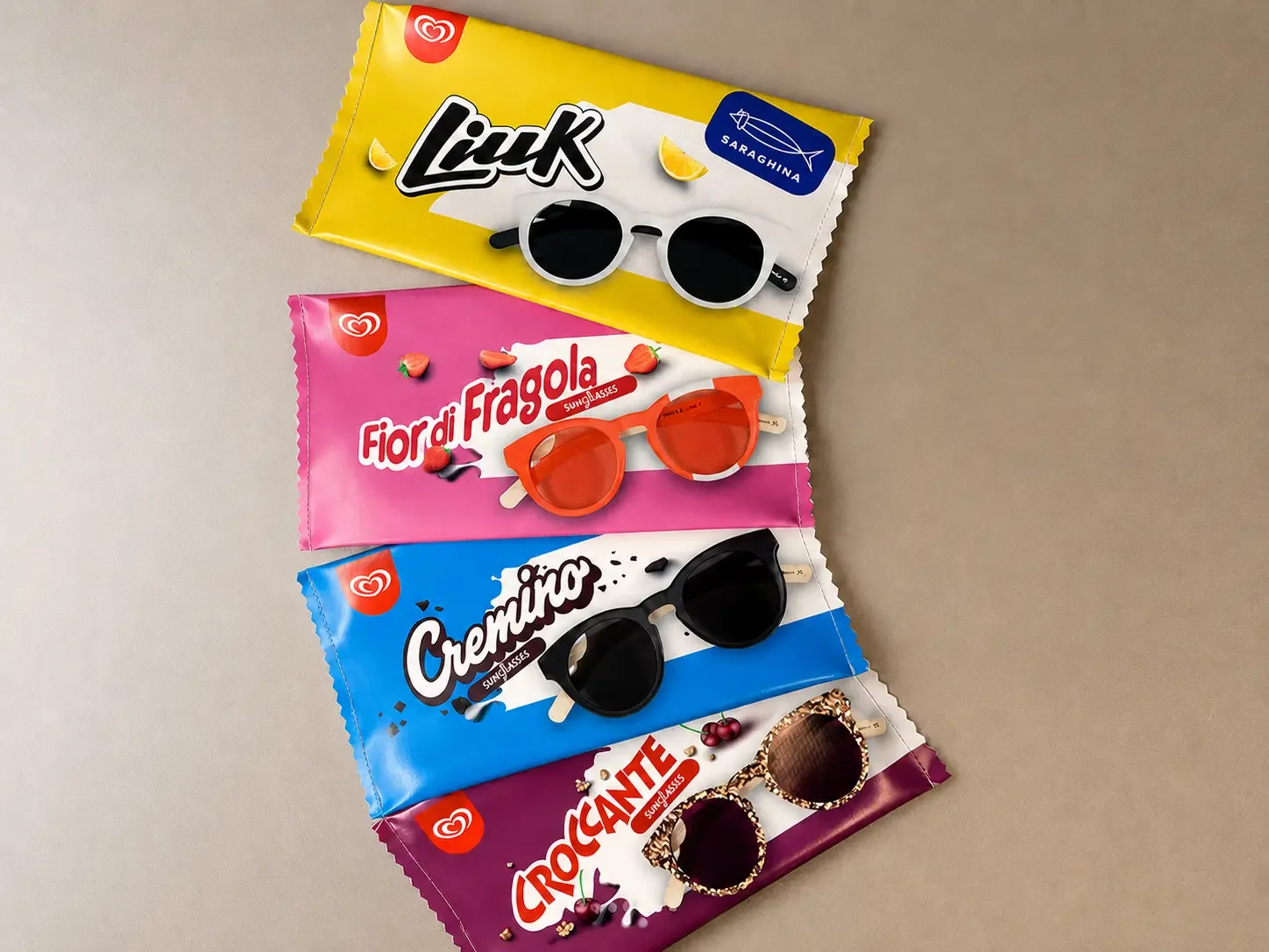 Confezioni Saraghina x Algida con occhiali Liuk, Fior di Fragola, Cremino e Croccante