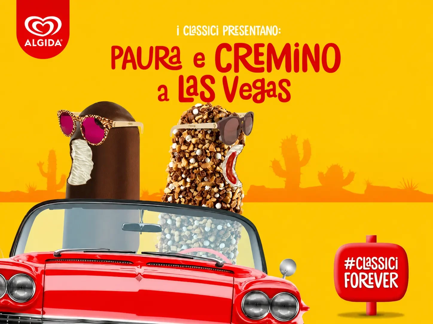 Gelati Cremino e Croccante Algida con occhiali Saraghina nella grafica Paura e Cremino a Las Vegas
