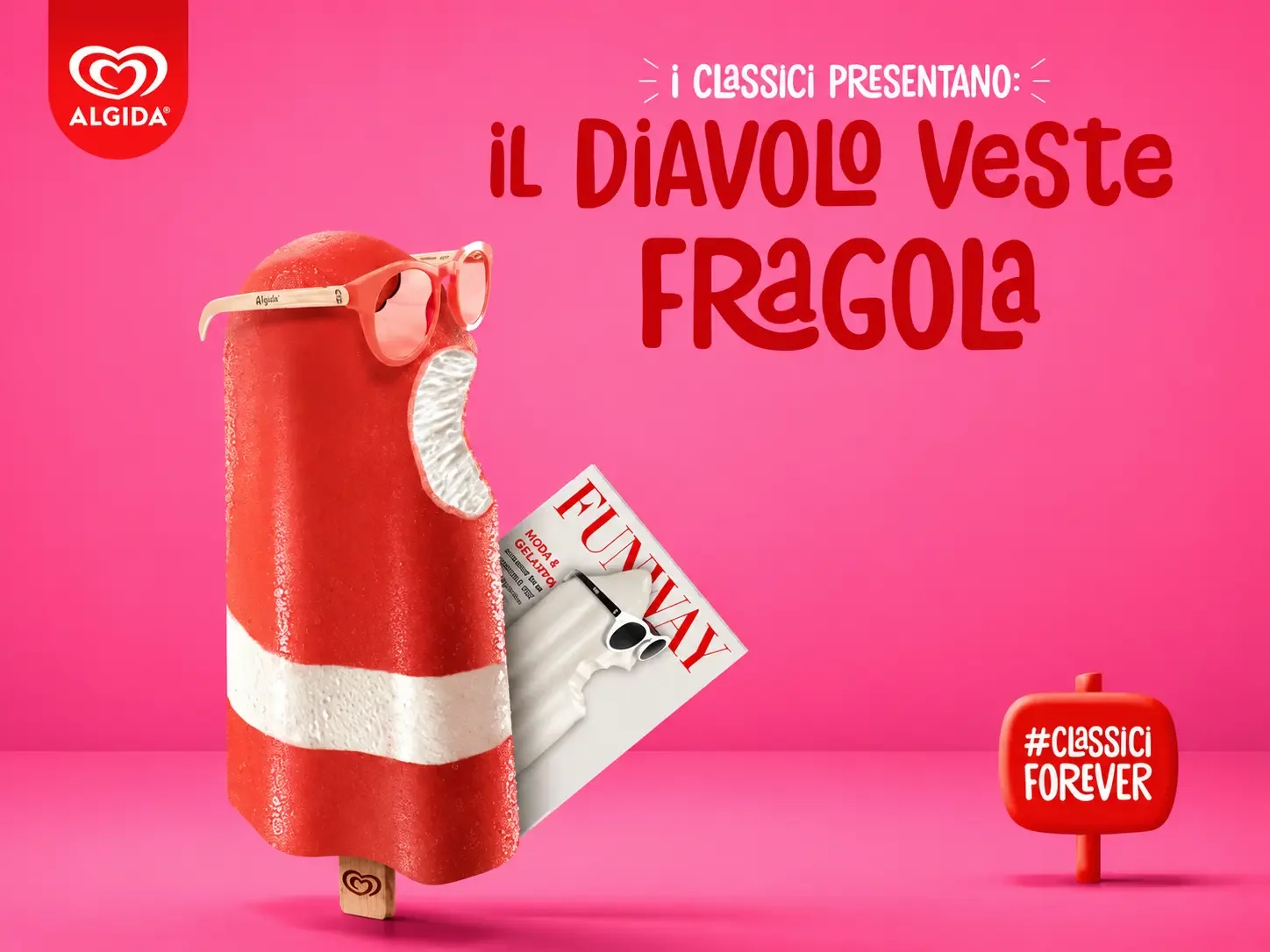 Gelato Fior di Fragola Algida con occhiali Saraghina nella grafica Il Diavolo veste Fragola