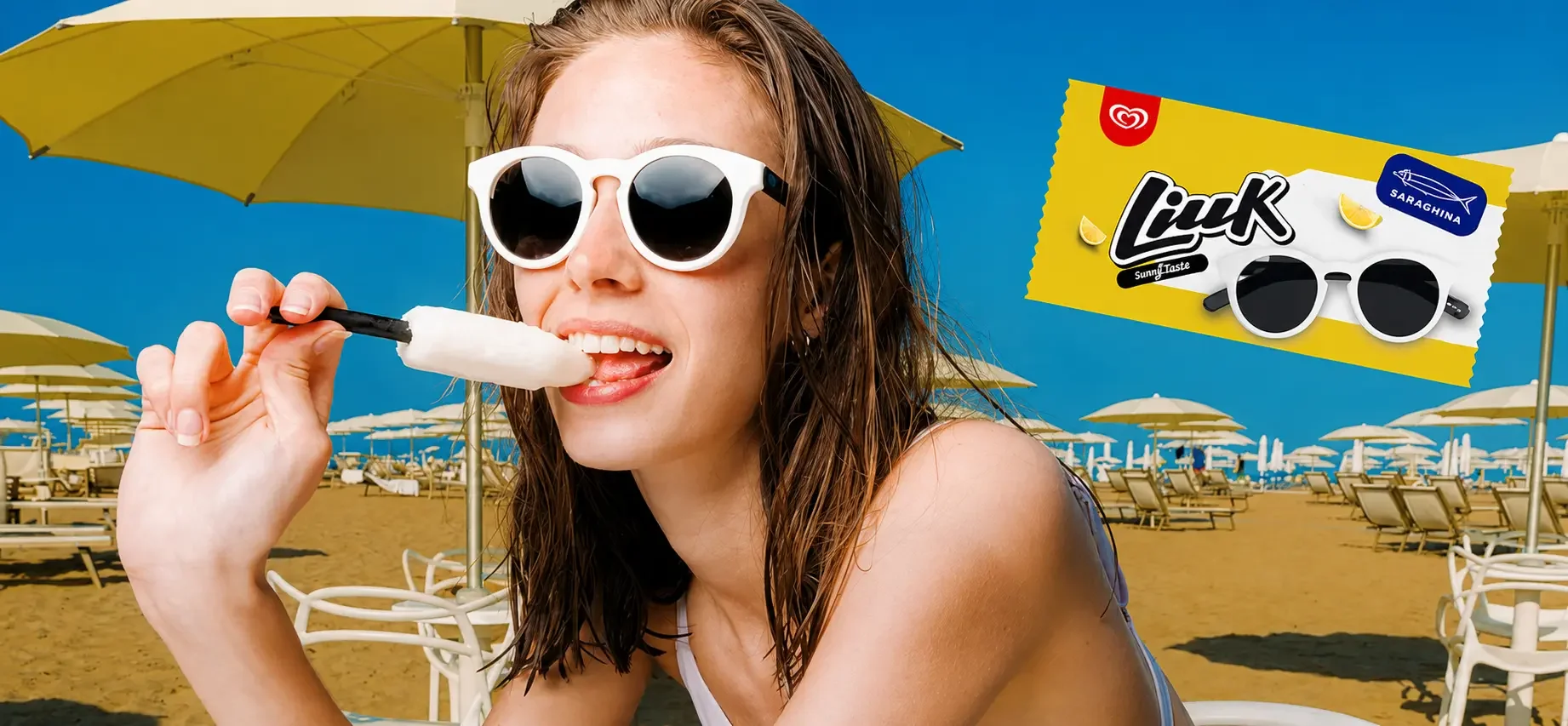 Donna al mare con occhiali Saraghina x Algida e confezione Liuk, capsule estate 2022