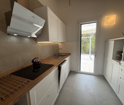 Cucina con lavastoviglie, piano di lavoro e accesso diretto al patio esterno