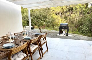 Patio ombreggiato con grande tavolo da pranzo e sedie.