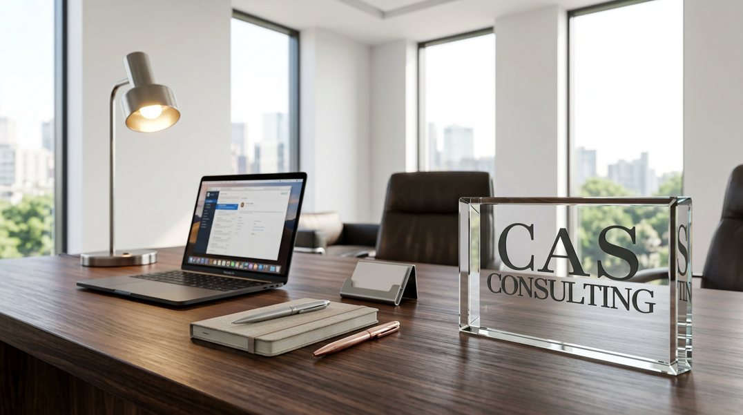 elegant modern office interior with dark wood desk in foreground. on the desk_ a glass_crystal cas consulting plaque positioned on the right side, modern steel desk lamp turned on, laptop computer, (1)
